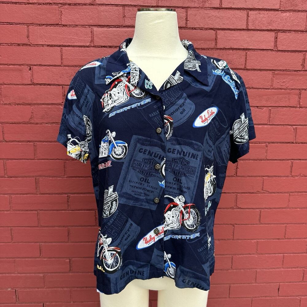 Vtg Harley Davidson Tori Richard Hawaiian Shirt Womens XL Motorcycle AOP USA